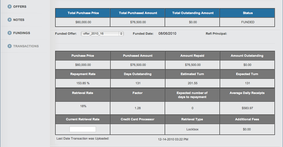 Invogen MCA Platform Transactions screenshot